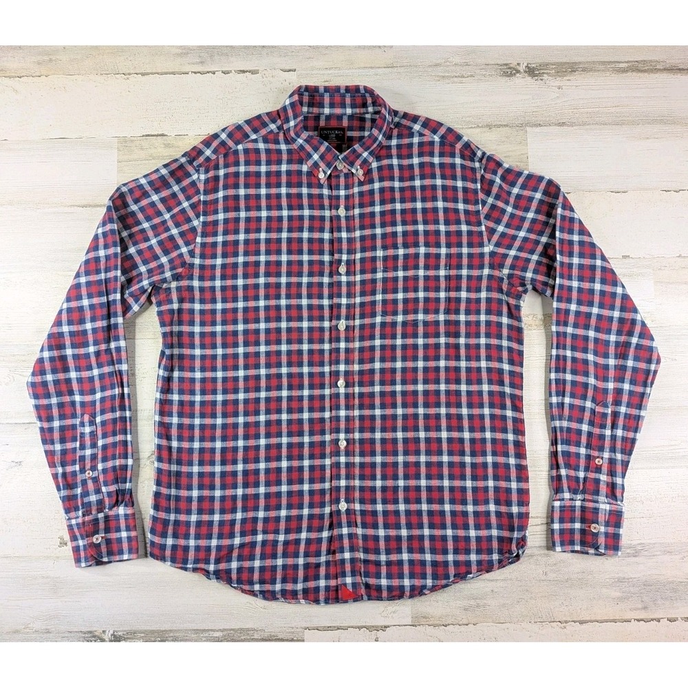 UNTUCKit Shirt Mens Large Slim Fit 100% Linen Plaid Check Button Down Red Blue